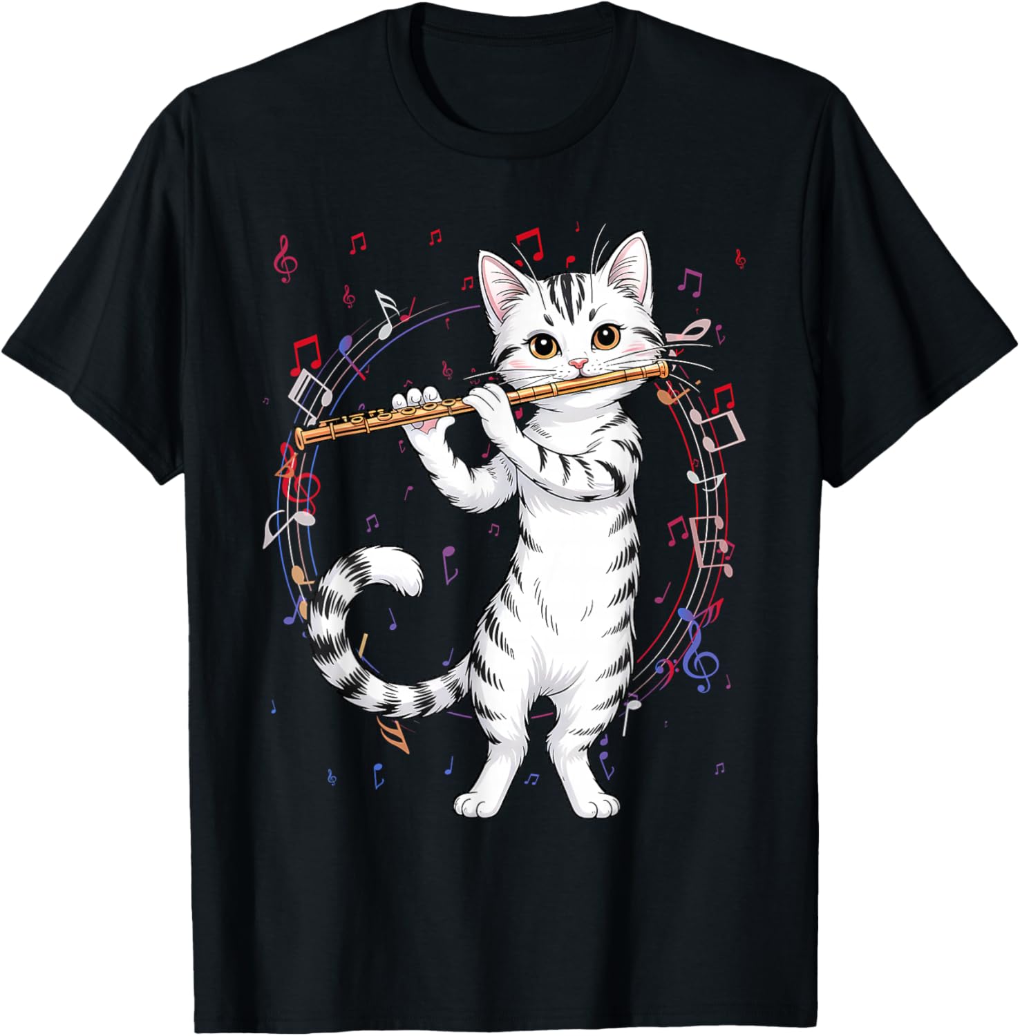 Funny Cat Wearing Sunglasses Playing Flute T-Shirt - T-Shirt | Black