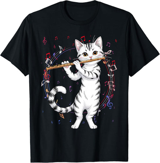 Funny Cat Wearing Sunglasses Playing Flute T-Shirt - T-Shirt | Black