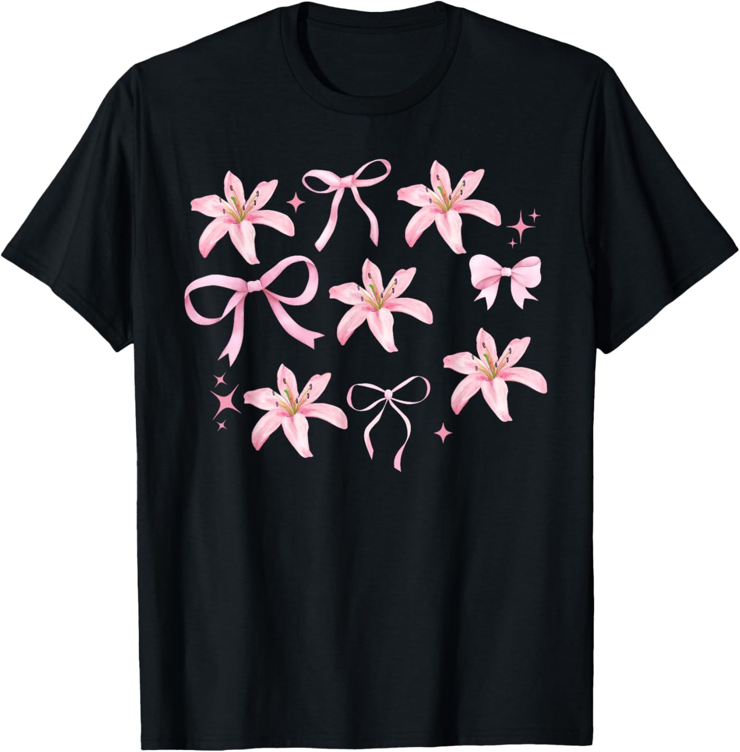 Pink Coquette Bow Lily Flower Botanical Garden Plant Lover T-Shirt - T-Shirt | Black