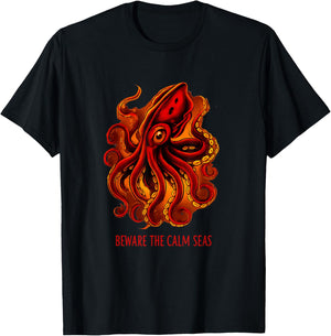 Deep Seas Monster Octopus Aquarium Beware The Calm Seas T-Shirt - T-Shirt | Black