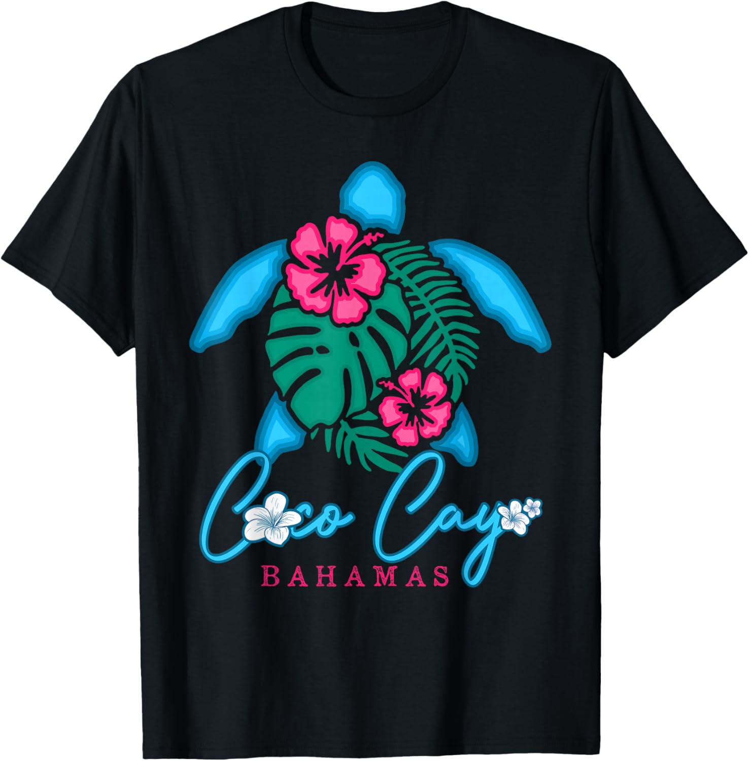 Coco Cay Bahamas Sea Turtle Hibiscus Tropical Ocean Blue T-Shirt - T-Shirt | Black
