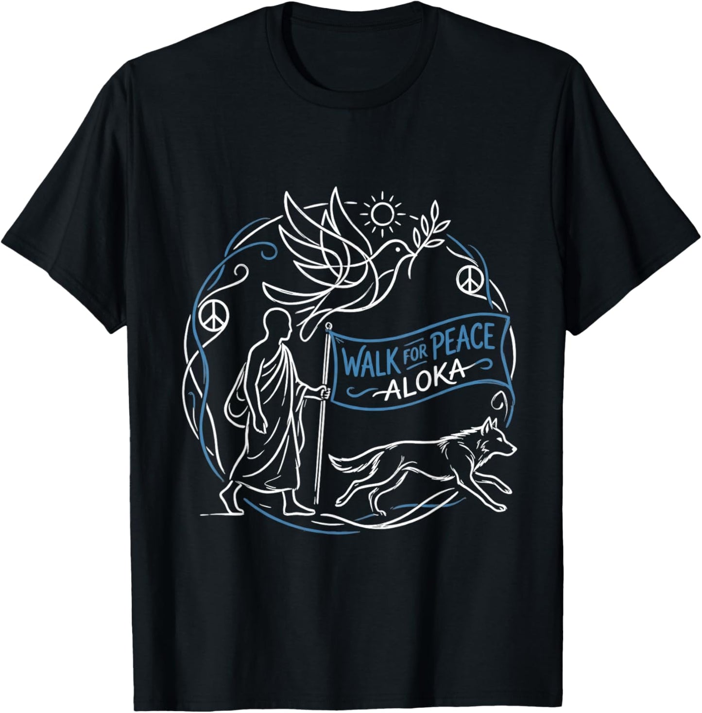 Buddhist Monk Walk for Peace Aloka Line Art Dove T-Shirt - T-Shirt | Black