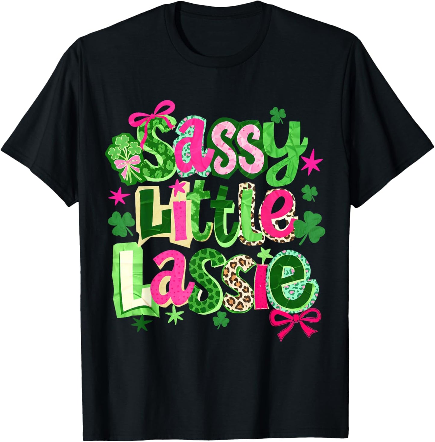 St Patricks Day Sassy Little Lassie Kids Girls Bow Shamrock T-Shirt - T-Shirt | Black