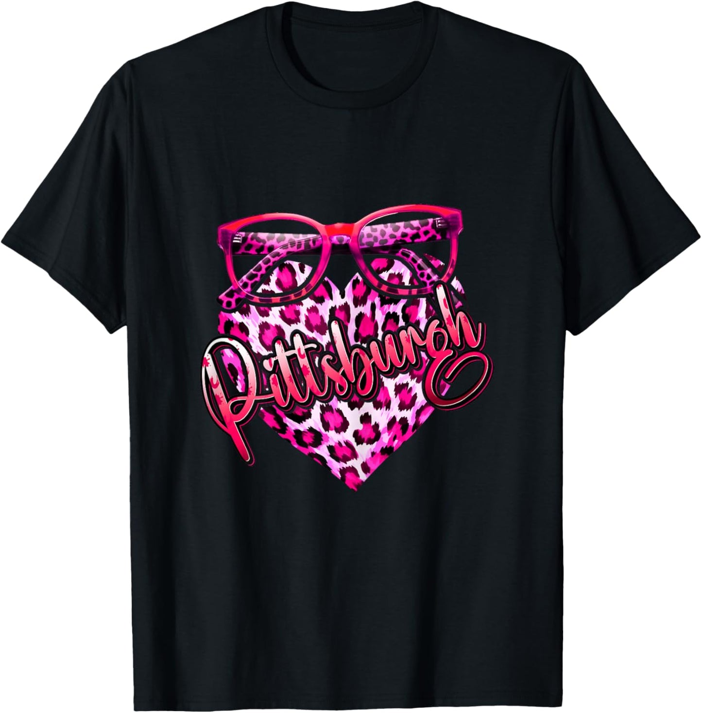 Pittsburgh Leopard Heart Pink Sunglasses Cool Stylish Women T-Shirt - T-Shirt | Black