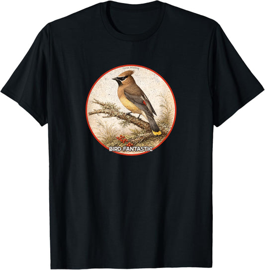 Colorful Retro Cedar Waxwing Bird Design T-Shirt - T-Shirt | Black
