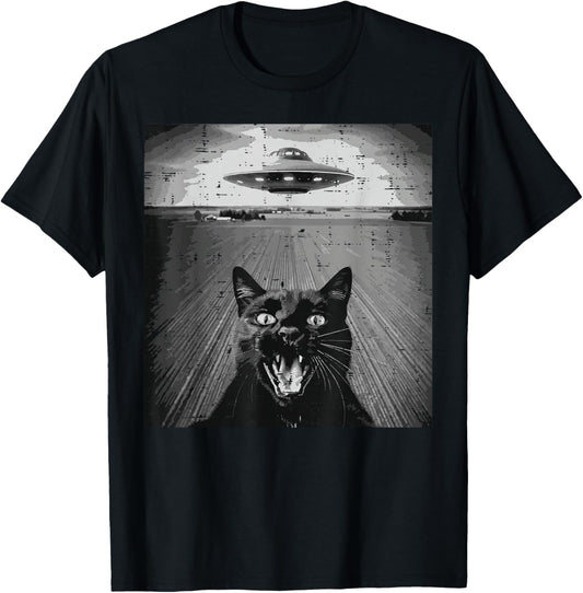 Black Cat UFO Selfie Funny Meme Kitten Alien Men Women Kids T-Shirt - T-Shirt | Black