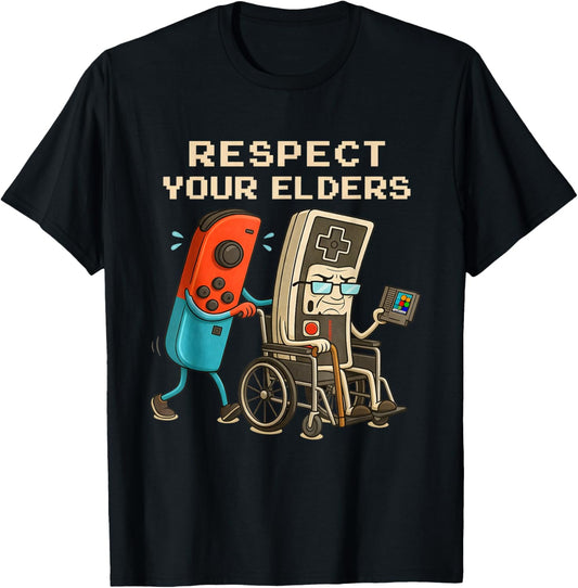 Respect Your Elders Retro Gaming Funny Gamer Controller T-Shirt - T-Shirt | Black