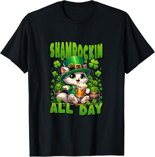 St Patrick's Day Shamrockin All Day. Cute Cat in Green Hat T-Shirt - T-Shirt | Black
