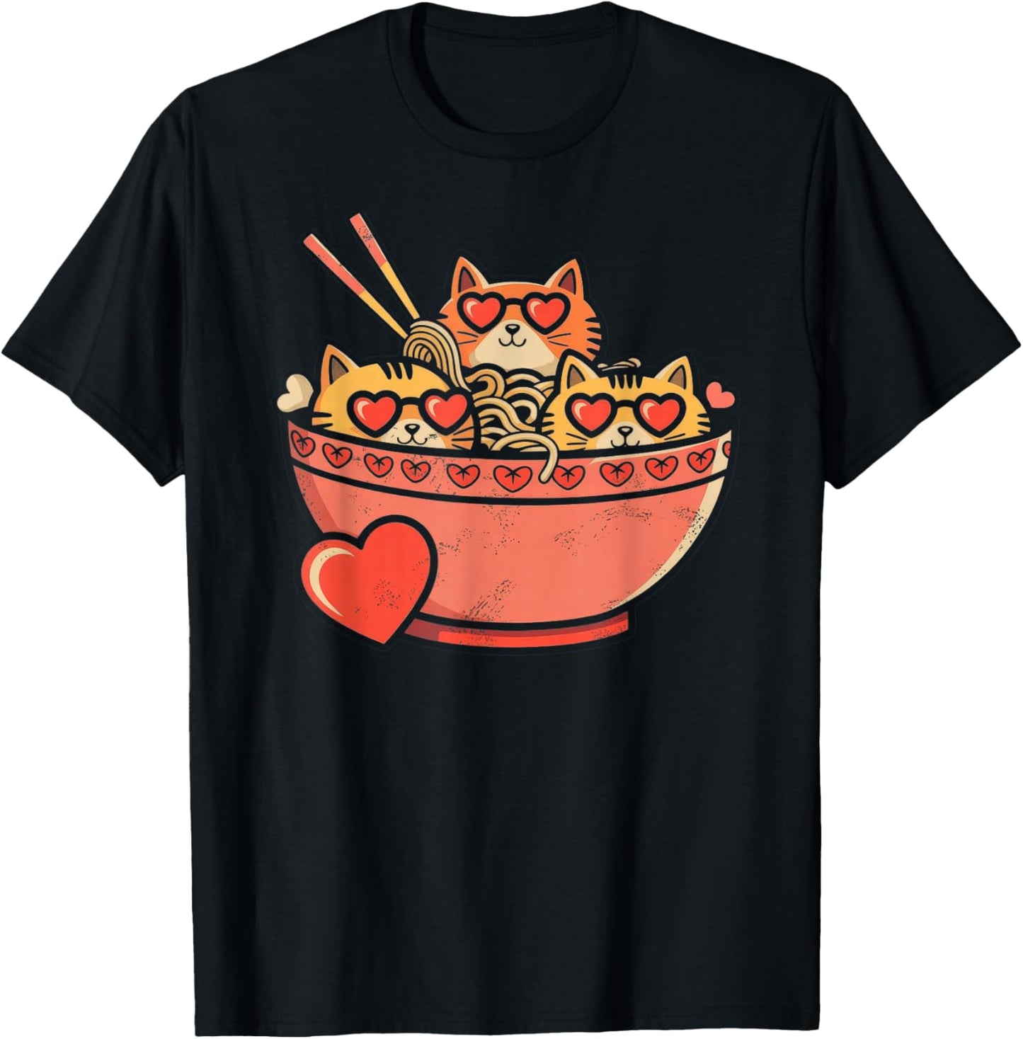 Heart, Cats, Ramen Noodles, Valentine's Day T-Shirt - T-Shirt | Black