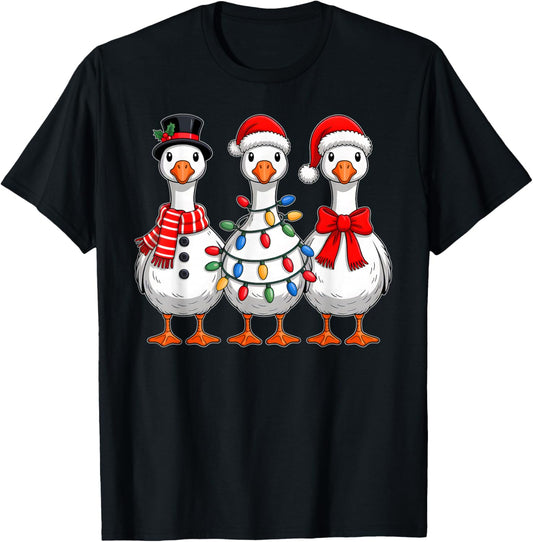 Goose Christmas Lights Santa Hat Xmas Pet Animal Goose Lover T-Shirt - T-Shirt | Black