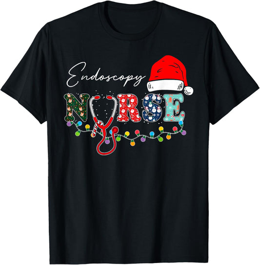 Endoscopy Nurse Santa Hat Christmas Lights Endo Nursing T-Shirt - T-Shirt | Black