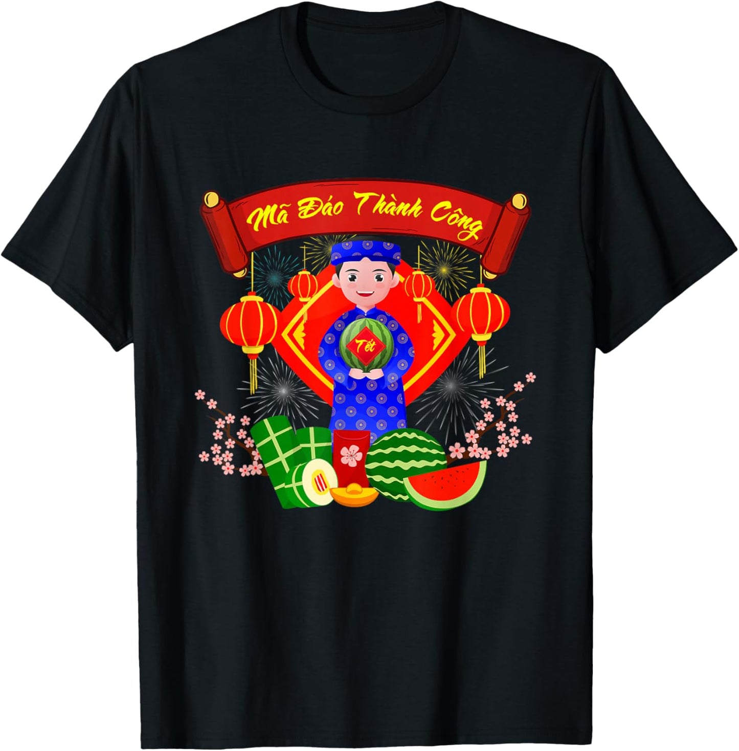 Chuc Mung NAM Moi Vietnamese New Year Decoration Ao Dai Girl T-Shirt - T-Shirt | Black