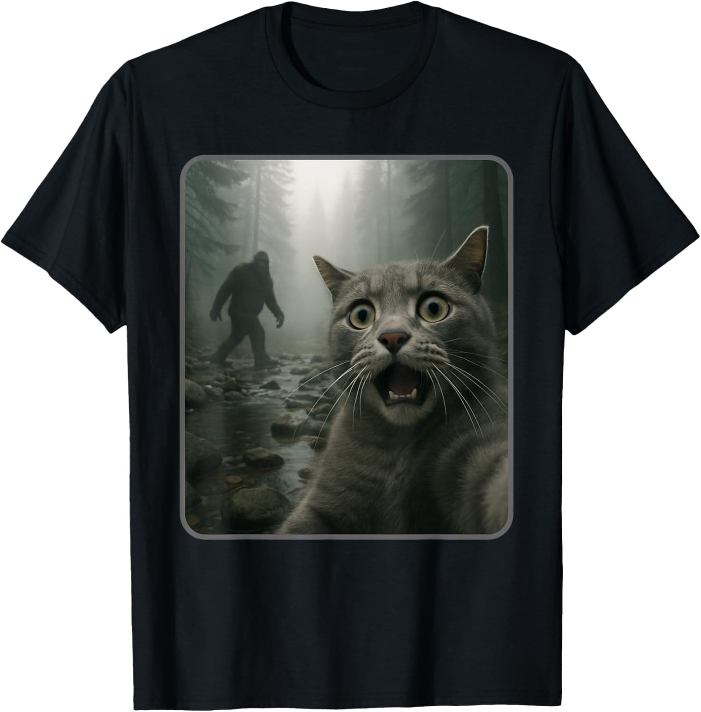 Funny Cat Selfie with Bigfoot Meme T-Shirt - T-Shirt | Black