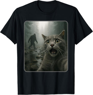 Funny Cat Selfie with Bigfoot Meme T-Shirt - T-Shirt | Black