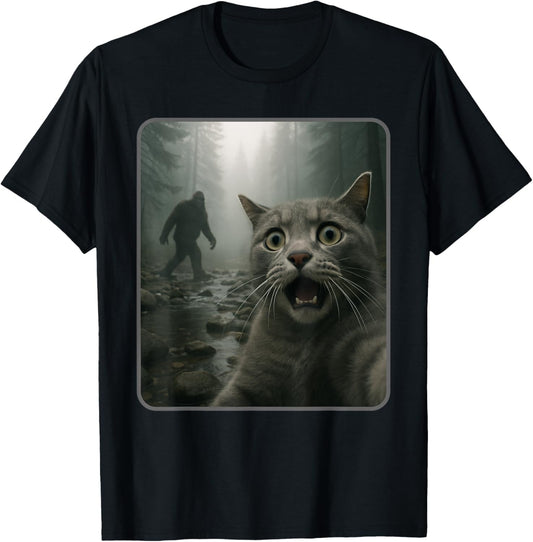 Funny Cat Selfie with Bigfoot Meme T-Shirt - T-Shirt | Black