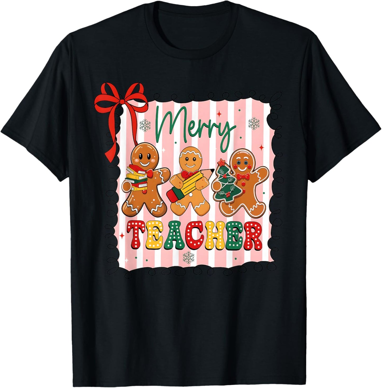 Christmas Preppy Gingerbread Coquette Bow Merry Teacher T-Shirt - T-Shirt | Black