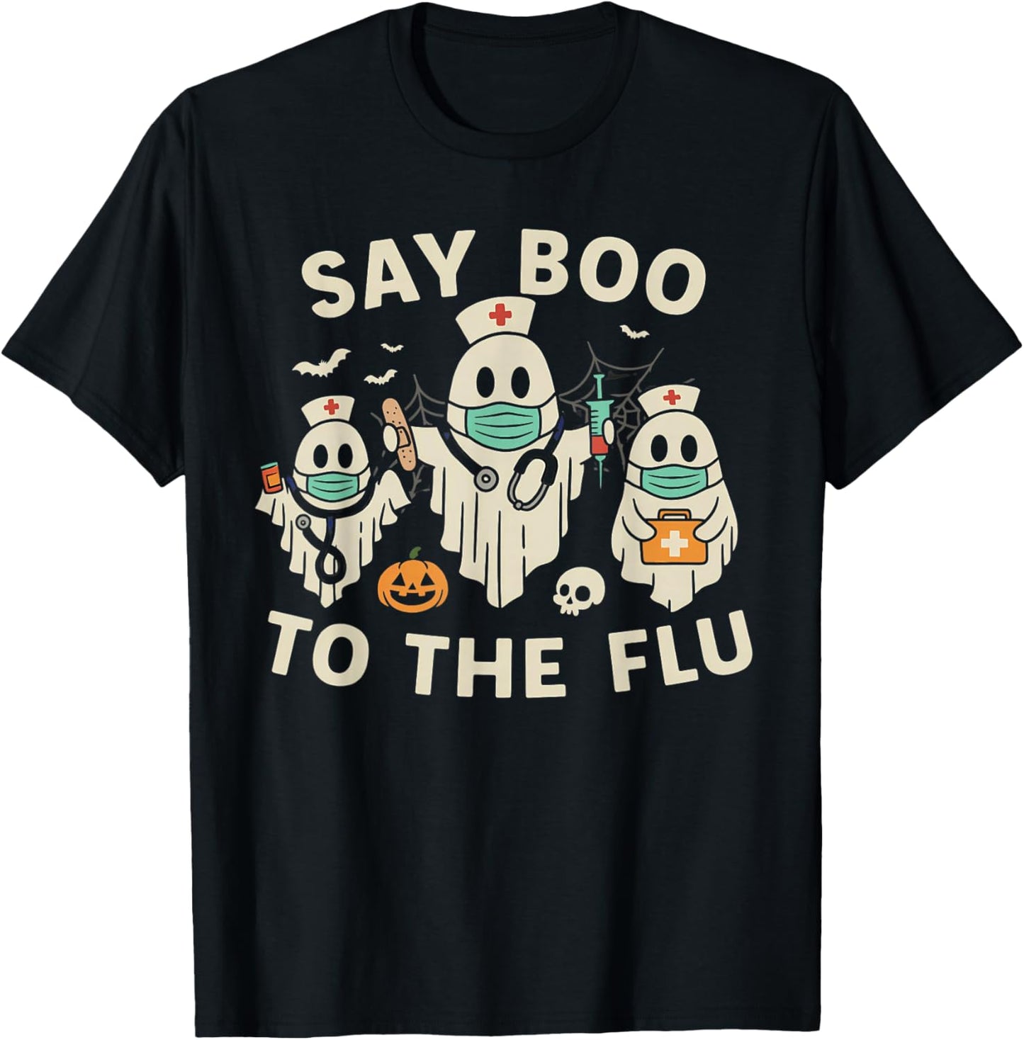 Nurse Halloween Ghost Crew Vaccine Say Boo to The flu T-Shirt - T-Shirt | Black