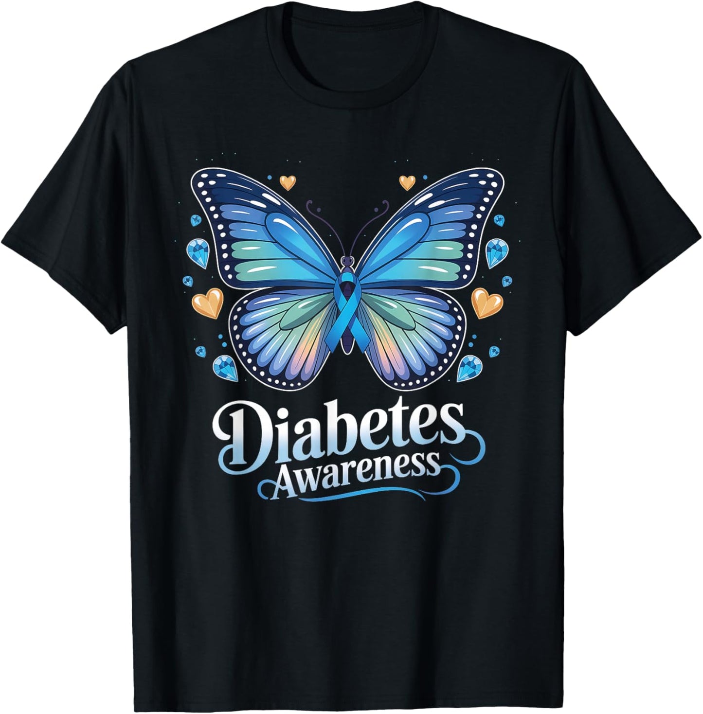 Diabetes Awareness Butterfly Blue Ribbon T1D T-Shirt - T-Shirt | Black