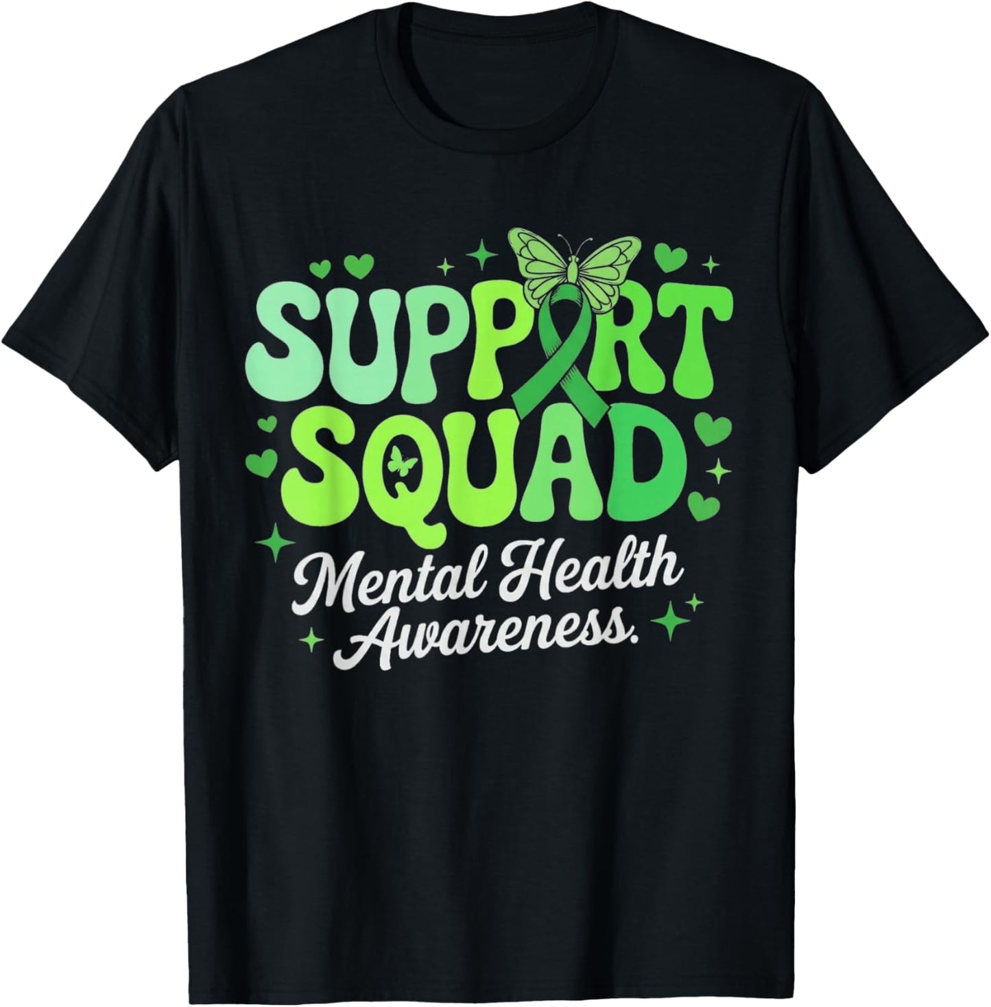 Support Squad Mental Health Awareness Green Ribbon T-Shirt - T-Shirt | Black