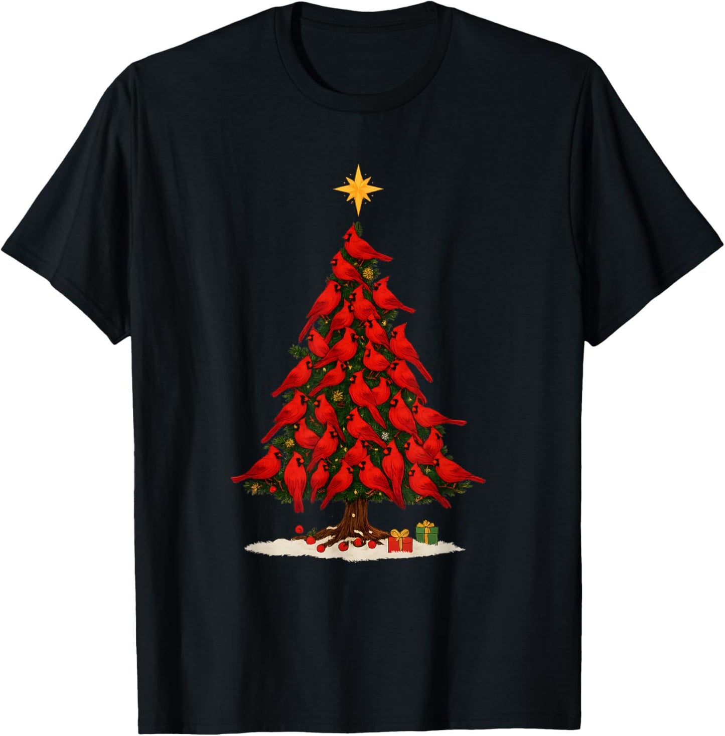 Santa Cardinal Bird Christmas Tree Christmas Lights Lover T-Shirt - T-Shirt | Black
