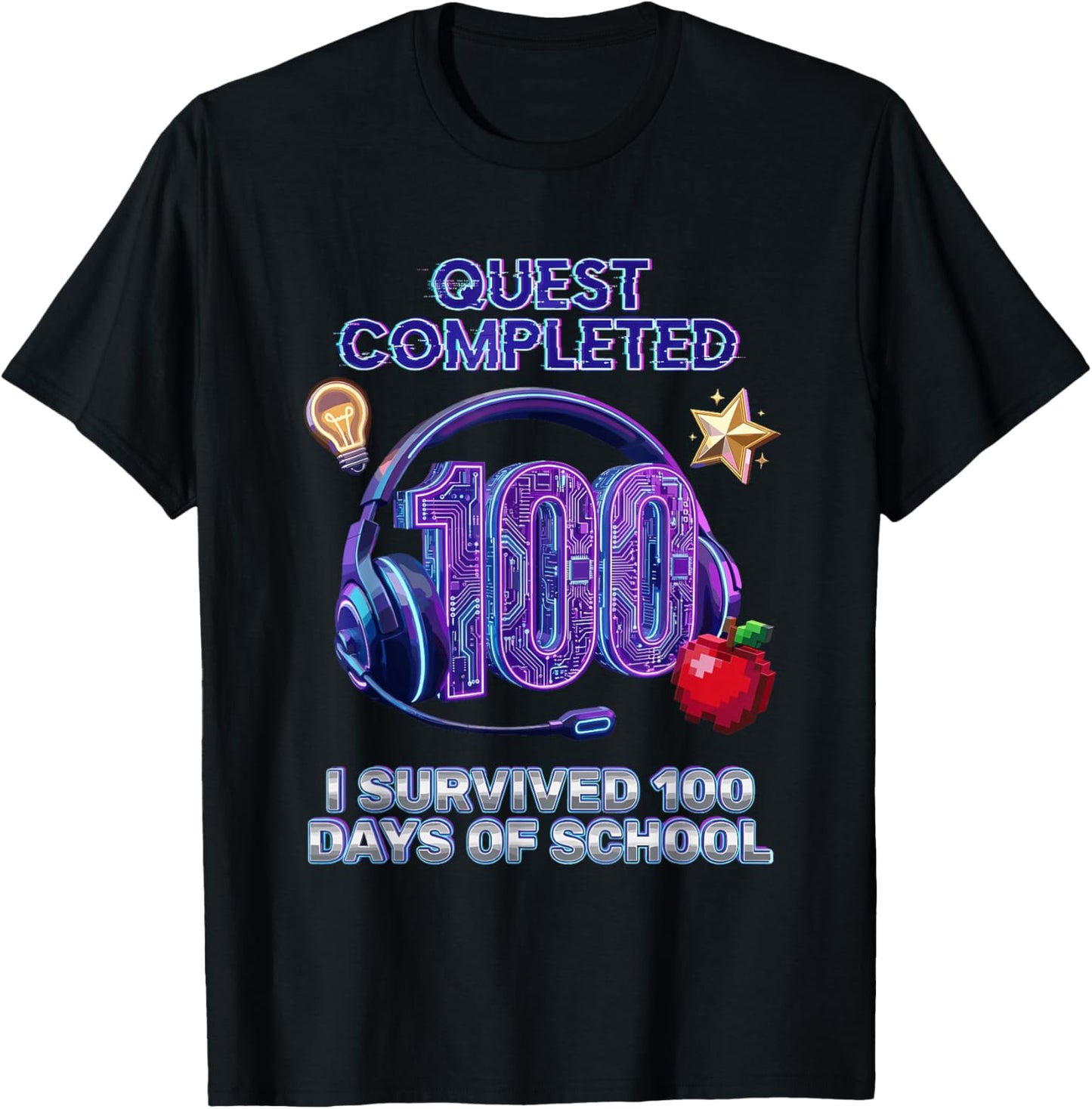 100th Days of School Cool Gaming Quest Completed Gamer Aura T-Shirt - T-Shirt | Black