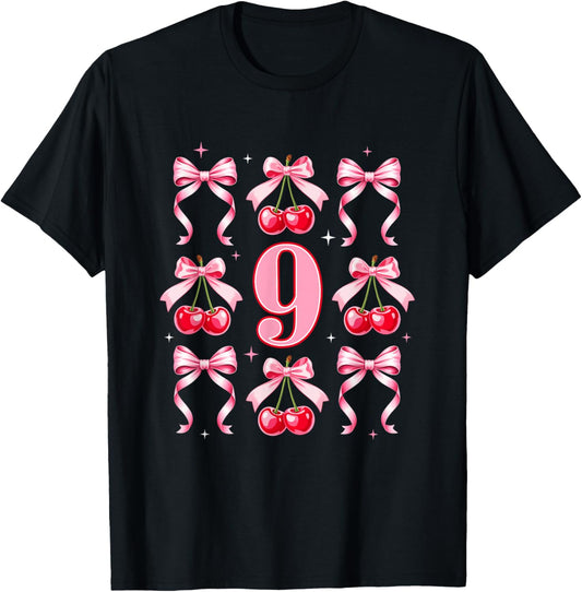 Birthday Girl 9Th Birthday Cherry Coquette Bow 9 Years Old T-Shirt - T-Shirt | Black