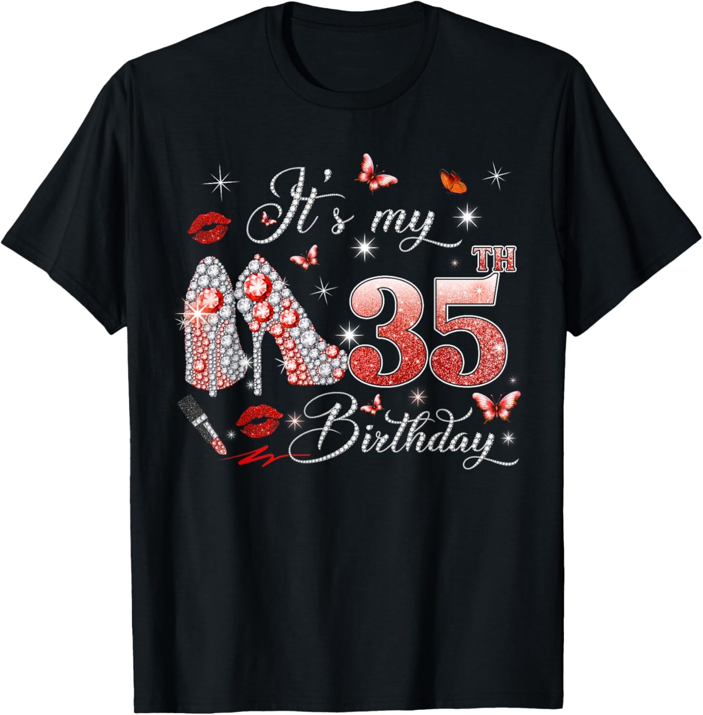 It’s My 35th Birthday Pink 35 Years Old Birthday Queen Party T-Shirt - T-Shirt | Black