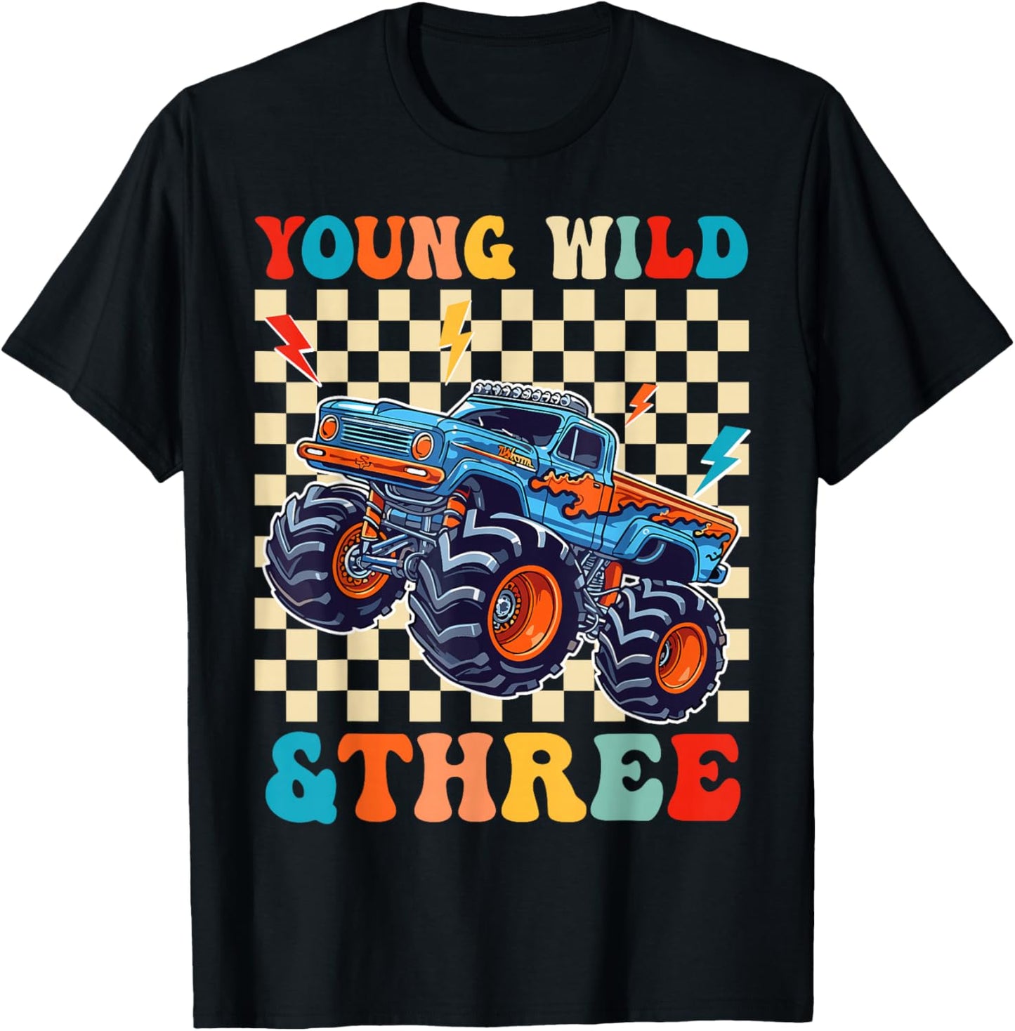 Kids 3rd Birthday Monster Truck Young Wild and Three T-Shirt - T-Shirt | Black