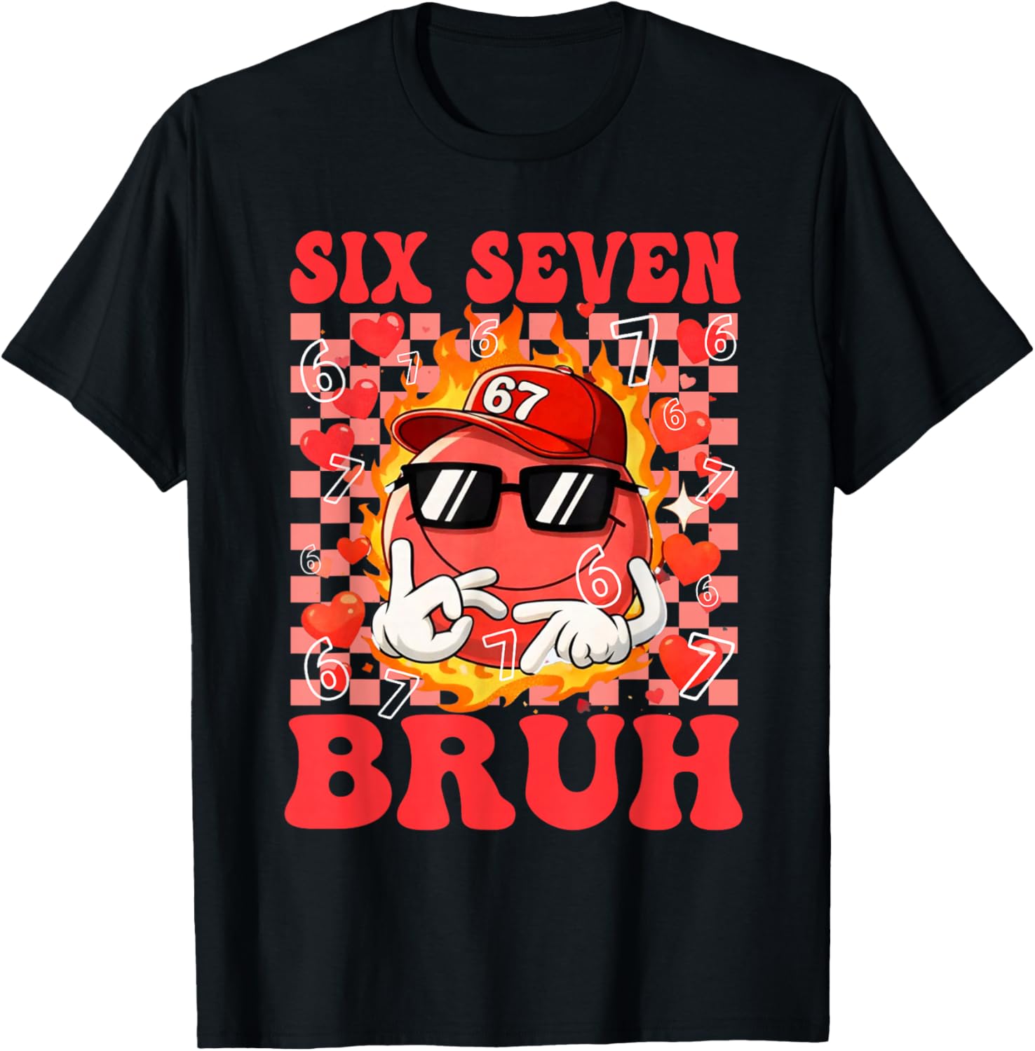 Funny Six Seven 67 6 7 Meme Heart Valentines Bro Kids Boys T-Shirt - T-Shirt | Black