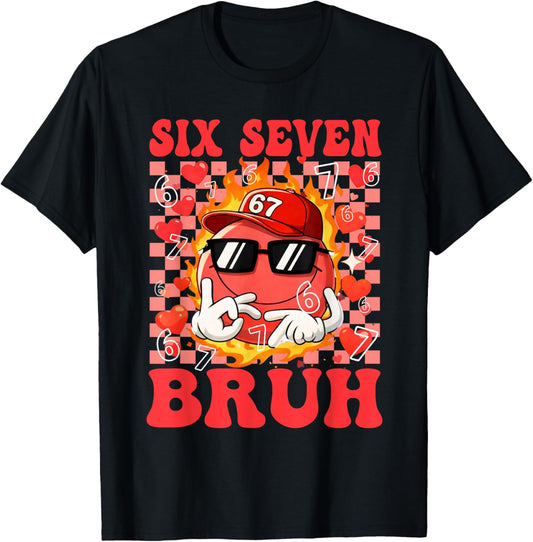 Funny Six Seven 67 6 7 Meme Heart Valentines Bro Kids Boys T-Shirt - T-Shirt | Black