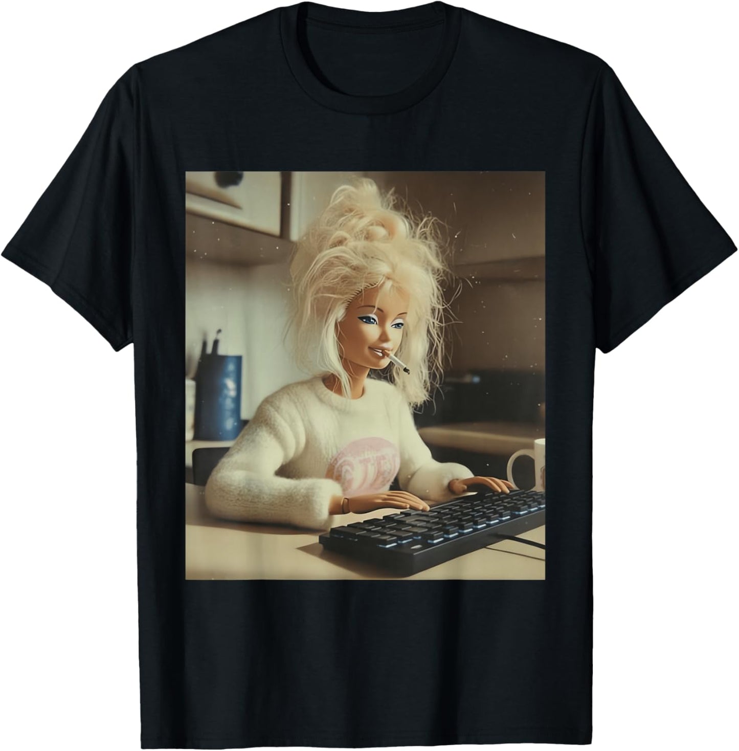 Funny Doll Face Working and Smoking Distressed Meme T-Shirt - T-Shirt | Black