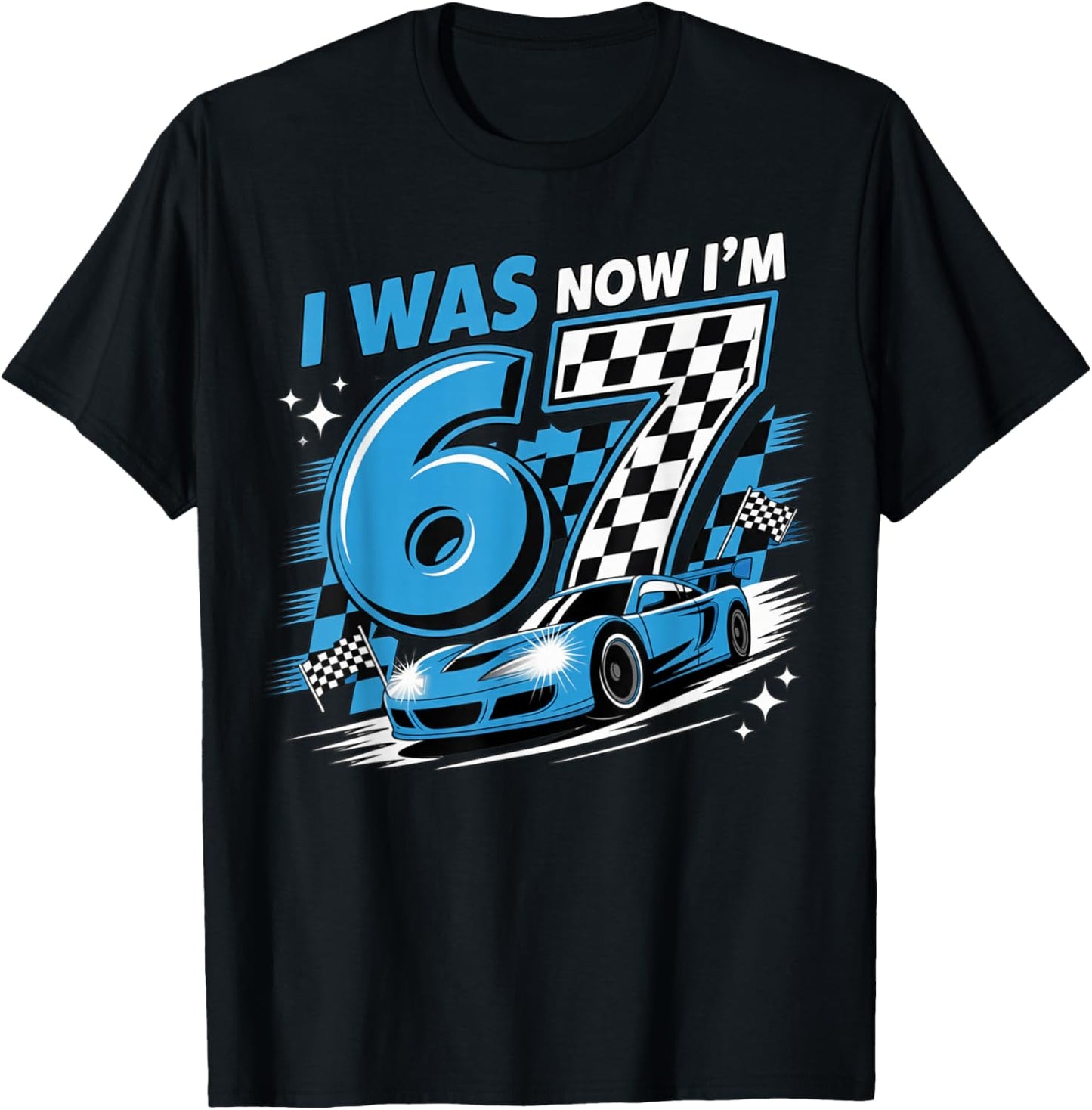 Blue Checkered Car Race I was 6 Now I'm 7 Birthday Boy Bday T-Shirt - T-Shirt | Black