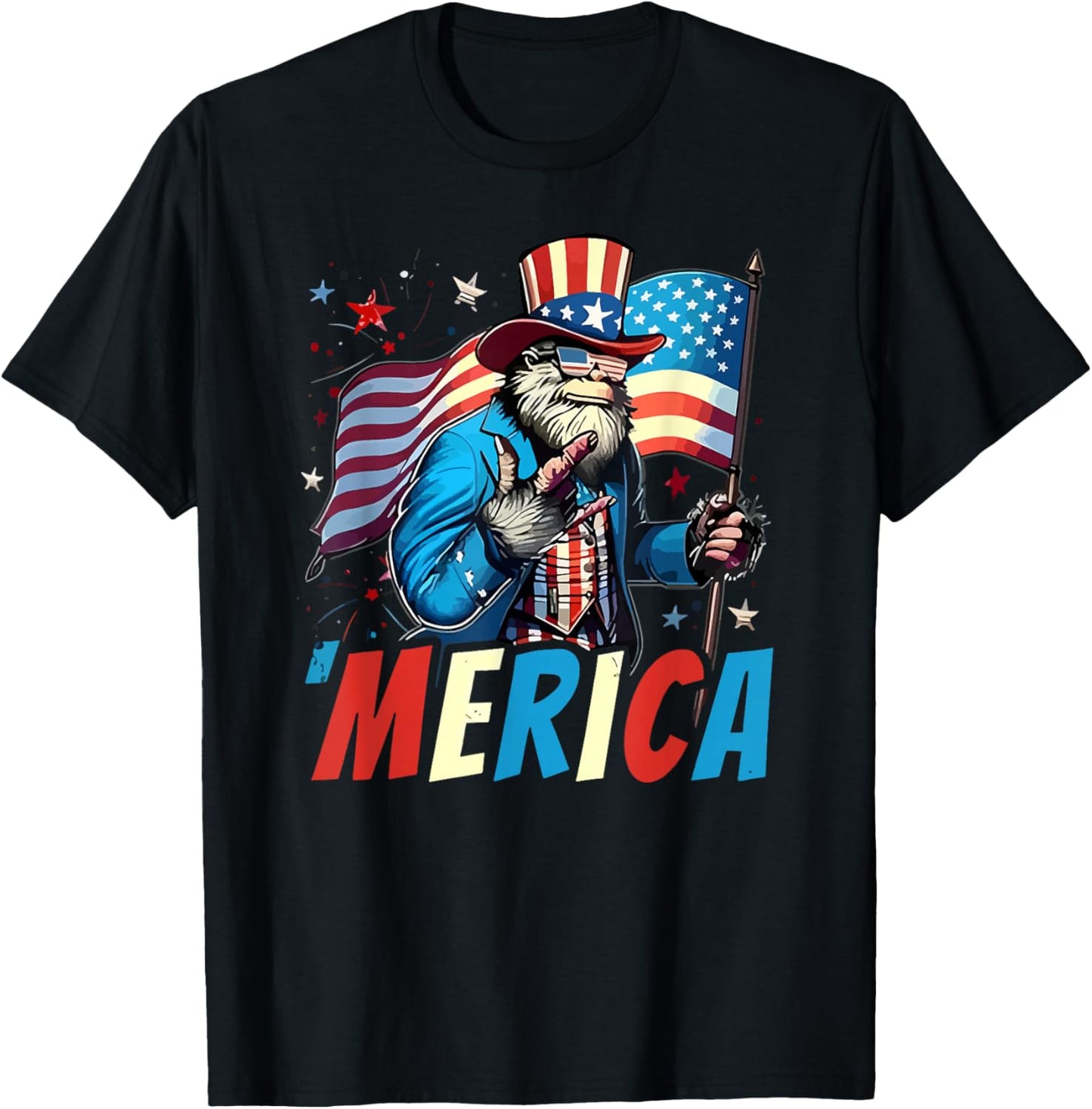 Bigfoot Merica Rock American Flag Sasquatch 4th of July T-Shirt - T-Shirt | Black