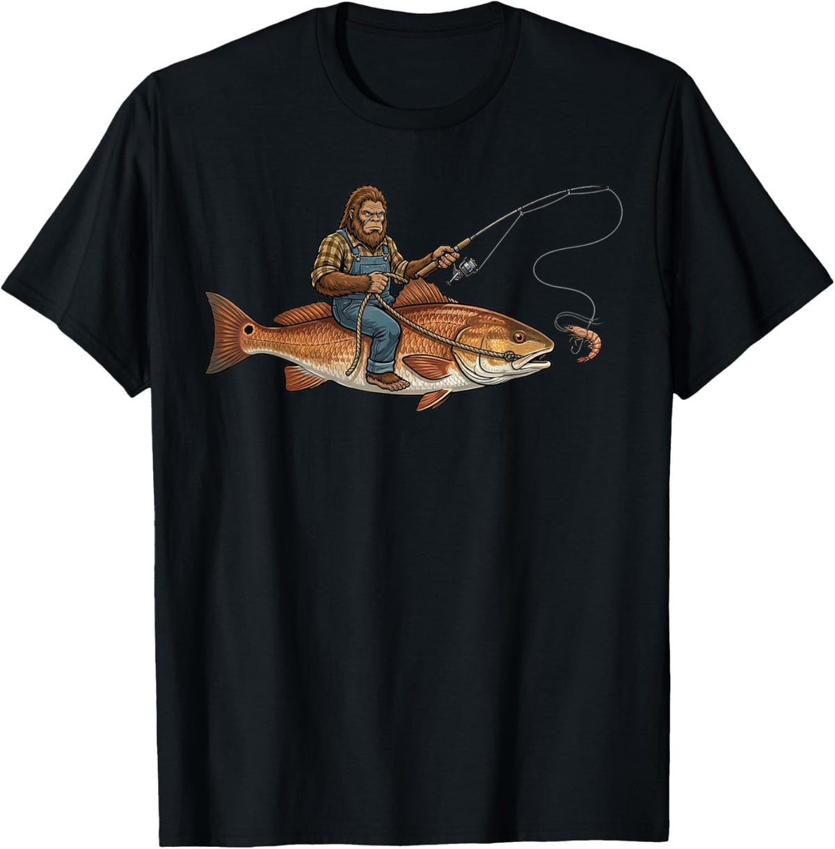 Redfish Fishing Bigfoot Riding Fisherman Funny Angler T-Shirt - T-Shirt | Black