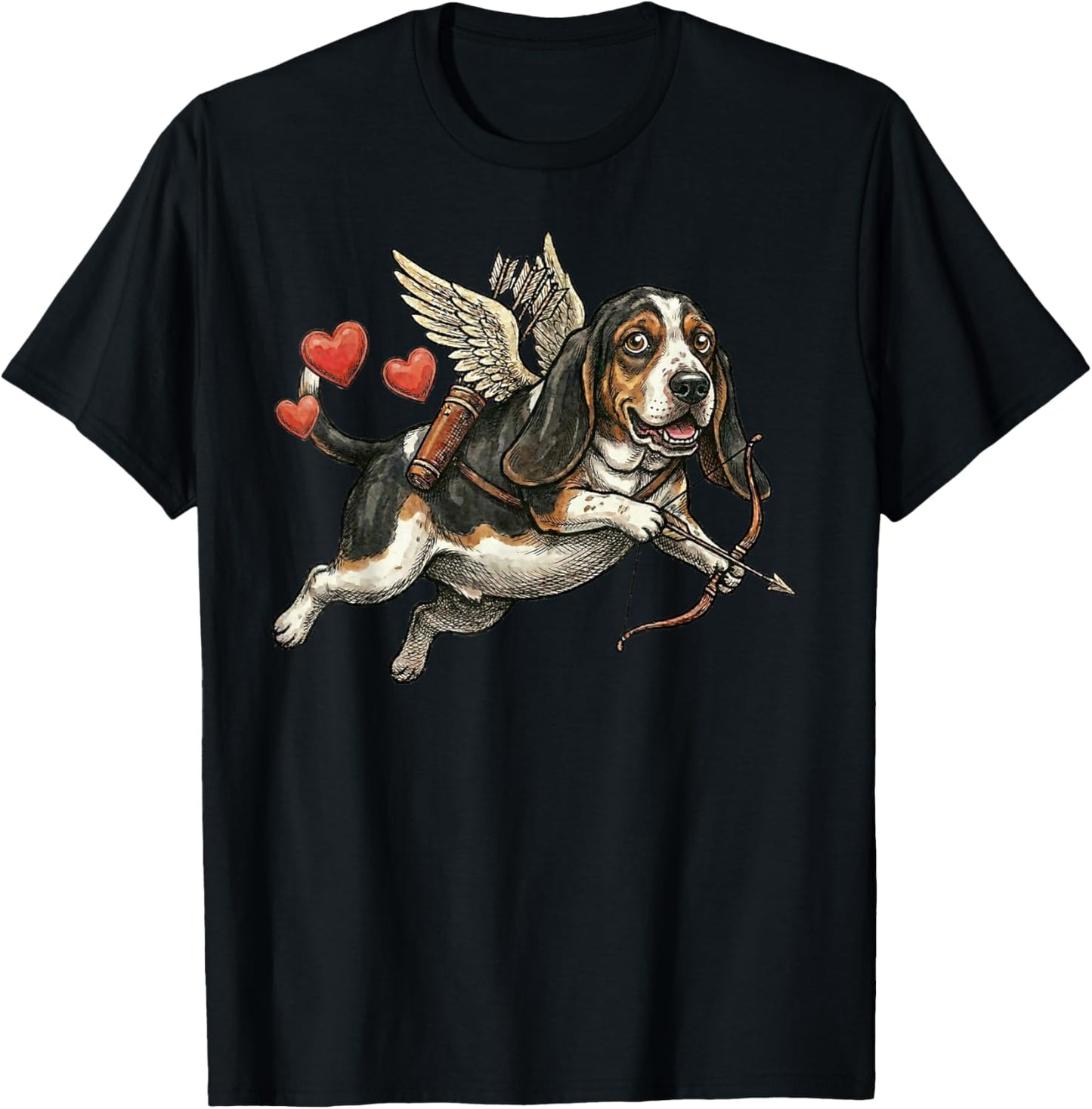 Basset Hound Dog Angel Flying Love Hearts Valentine T-Shirt - T-Shirt | Black