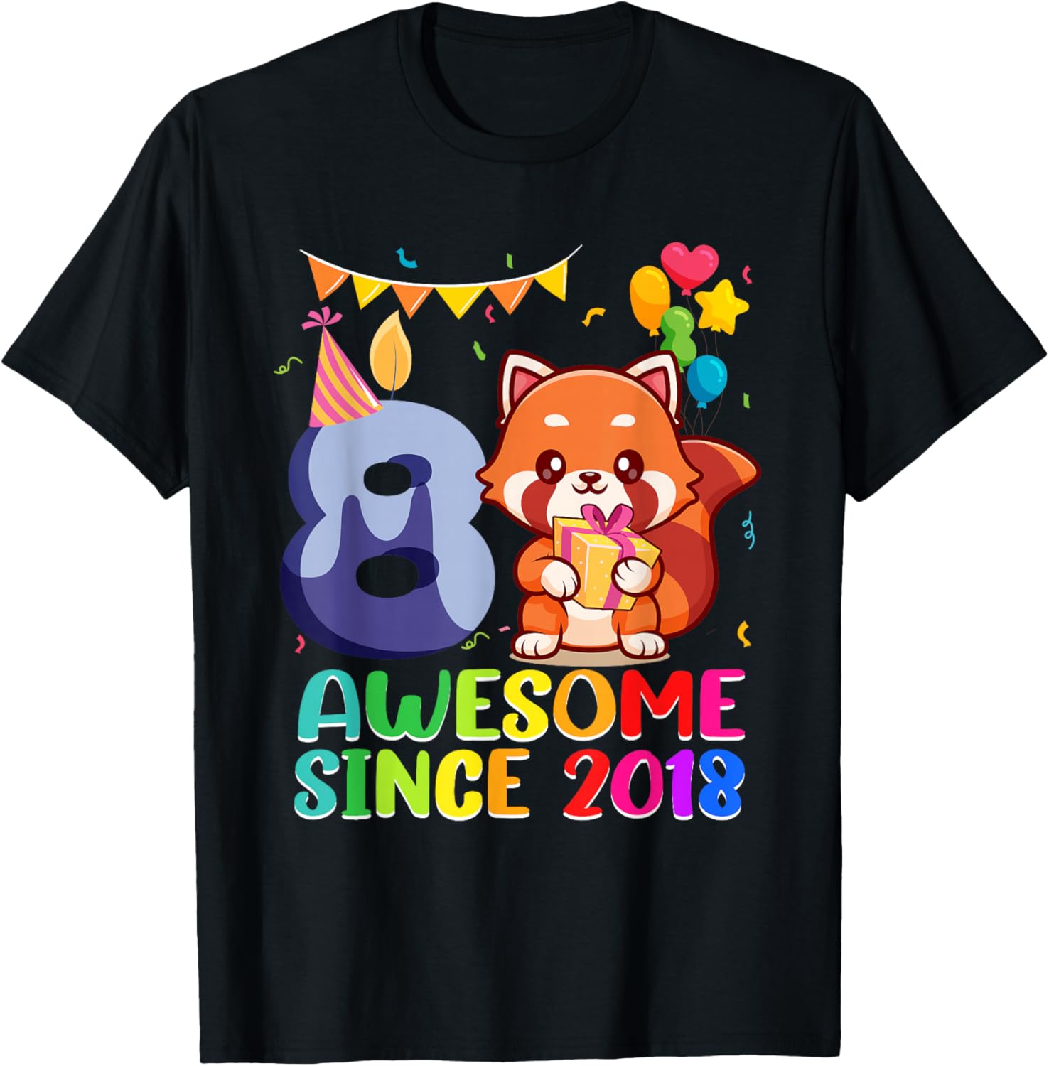 8th Birthday Red Panda Awesome Since 2018 8 Year Old T-Shirt - T-Shirt | Black