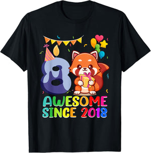 8th Birthday Red Panda Awesome Since 2018 8 Year Old T-Shirt - T-Shirt | Black