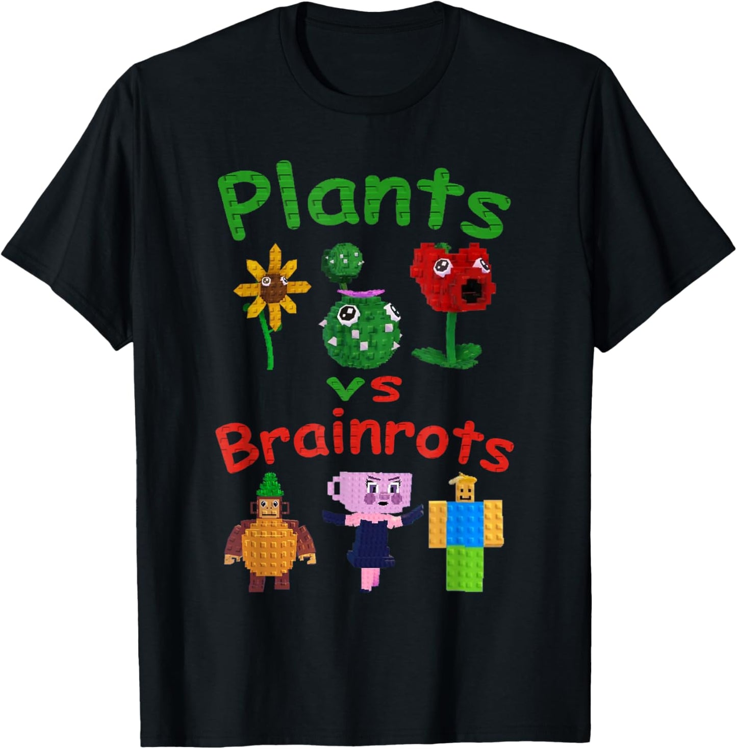 Plants Vs Brainrots Funny Gamer Kids Boys Girls T-Shirt - T-Shirt | Black