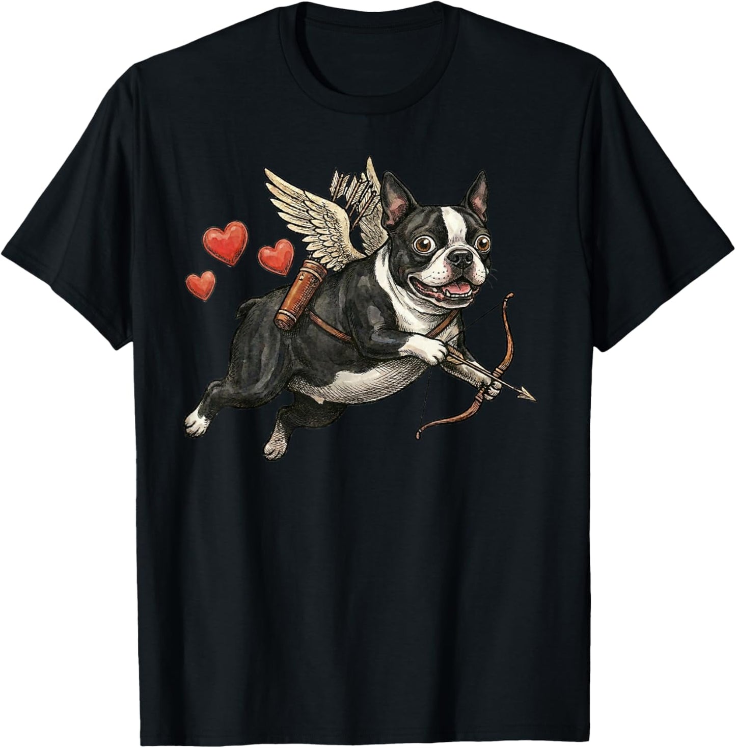 Boston Terrier Cupid Dog Valentine Love Hearts Bow Arrow T-Shirt - T-Shirt | Black