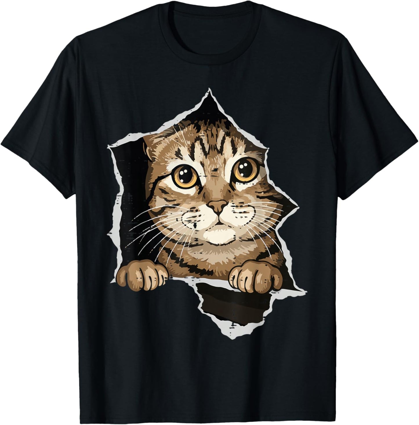 Cat Peeking Torn Paper Cute Kitten Kitty Women Girls Kids T-Shirt - T-Shirt | Black