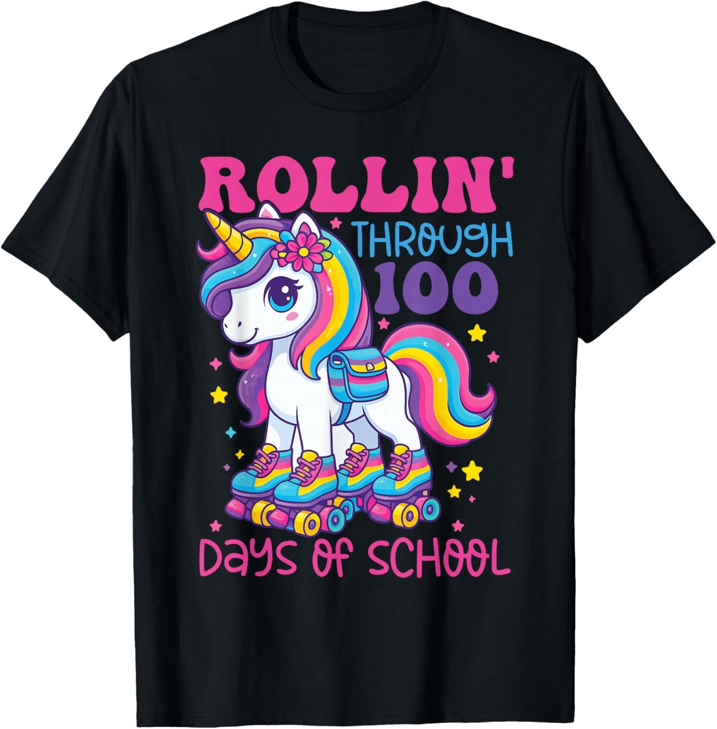 Cute Unicorn Rollin Through 100 Days School Celebration T-Shirt - T-Shirt | Black