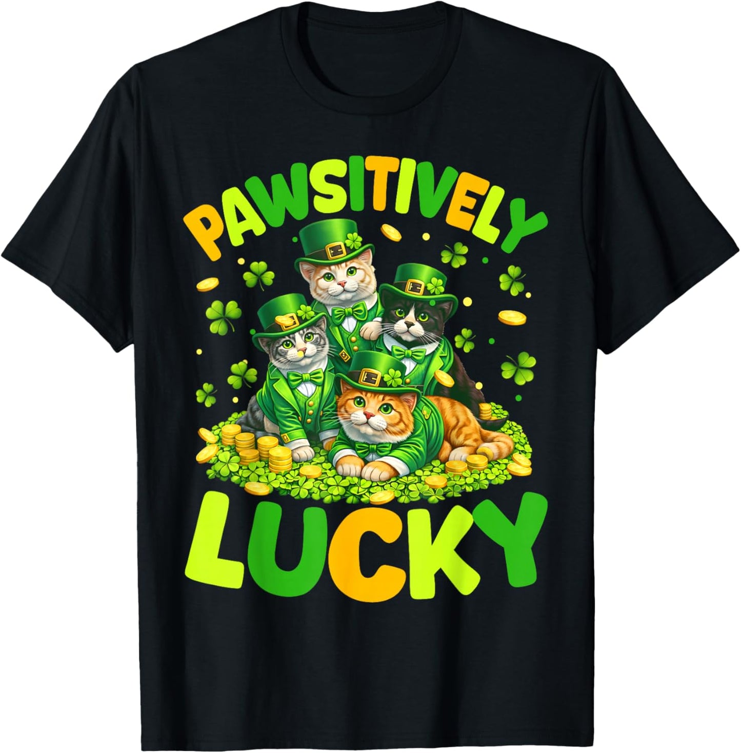 Pawsitively Lucky Cats St Patricks Day Cat Lover Women Kids T-Shirt - T-Shirt | Black