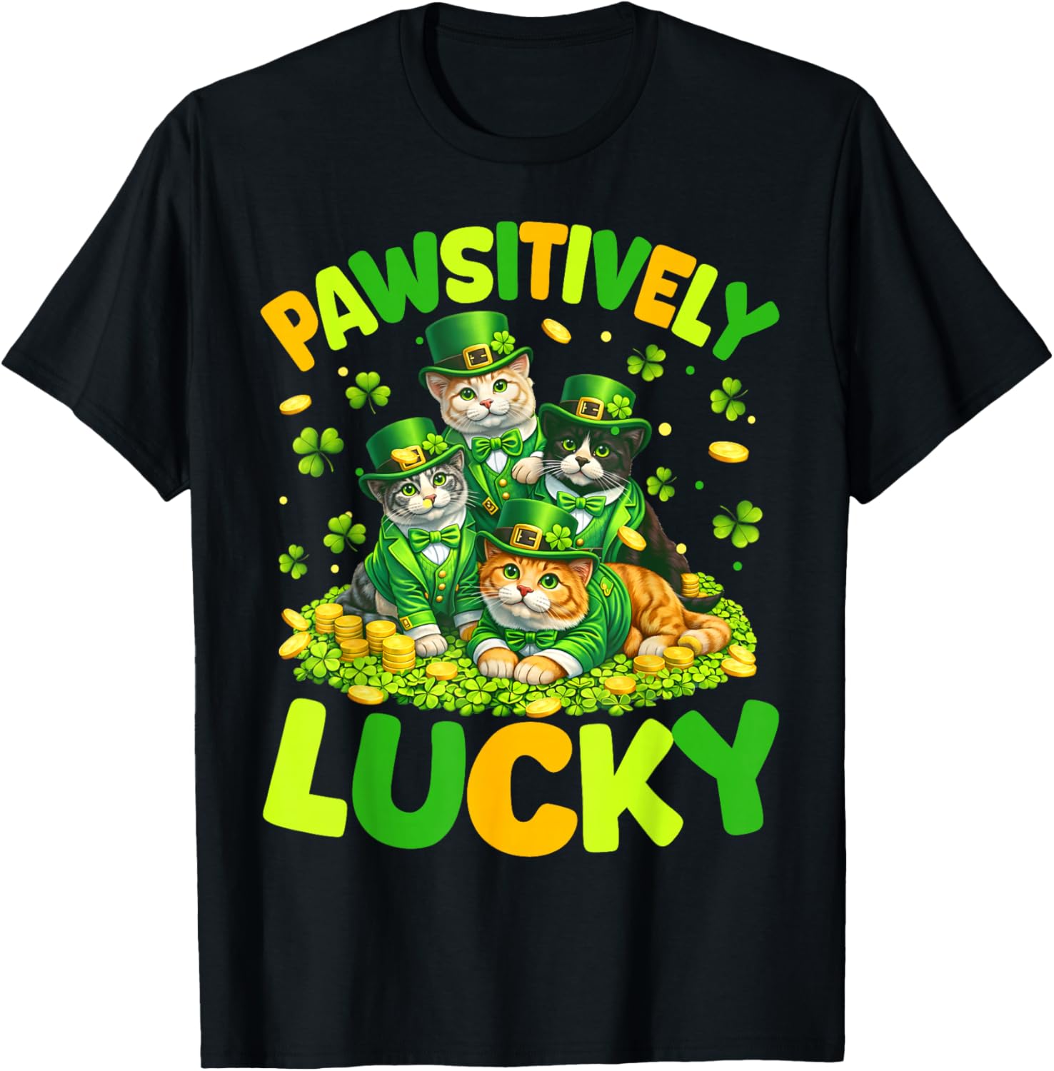 Pawsitively Lucky Cats St Patricks Day Cat Lover Women Kids T-Shirt - T-Shirt | Black