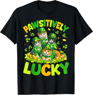 Pawsitively Lucky Cats St Patricks Day Cat Lover Women Kids T-Shirt - T-Shirt | Black