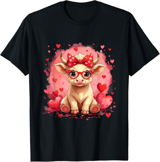 Funny Girl Cute Valentine Highland Cow Heart Glasses Love T-Shirt - T-Shirt | Black