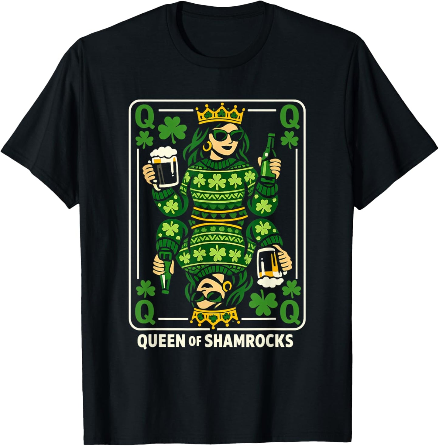 Queen of Shamrocks Shirt St Patrick’s Day Queen Playing Card T-Shirt - T-Shirt | Black