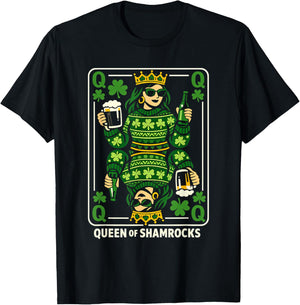 Queen of Shamrocks Shirt St Patrick’s Day Queen Playing Card T-Shirt - T-Shirt | Black
