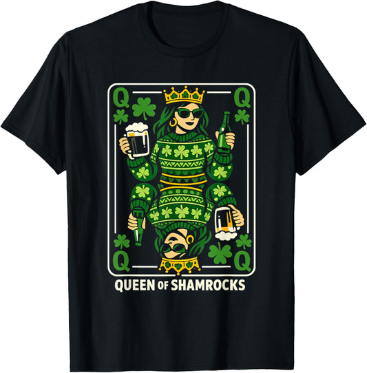 Queen of Shamrocks Shirt St Patrick’s Day Queen Playing Card T-Shirt - T-Shirt | Black