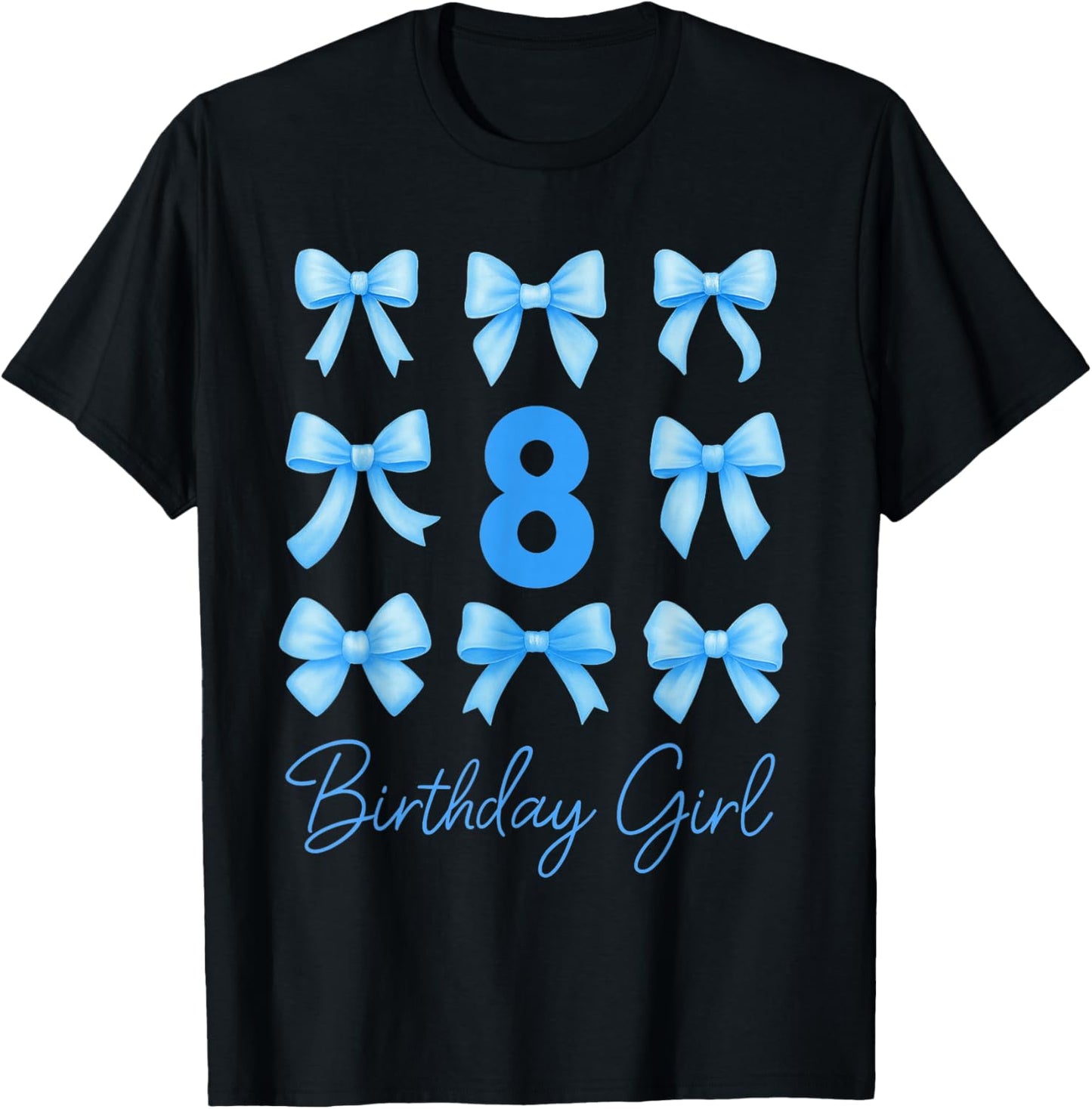 8 Year Old Aesthetic Girl Birthday Blue Coquette Bow T-Shirt - T-Shirt | Black