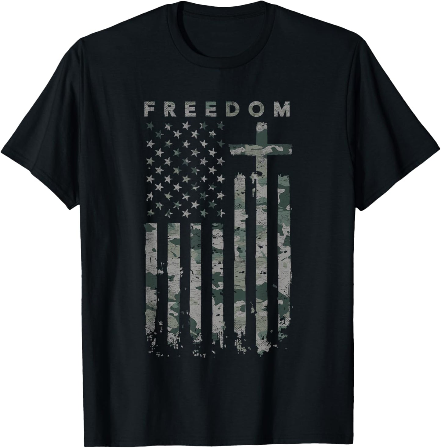 Freedom American Flag Cross Camo T-Shirt - T-Shirt | Black